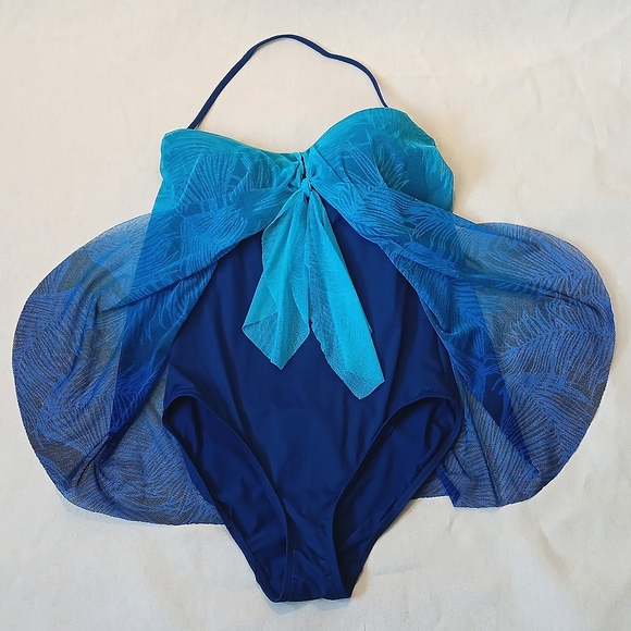 Ralph Lauren one-piece blue swimsuit with sheer drape Size 6 - Picture 2 of 4